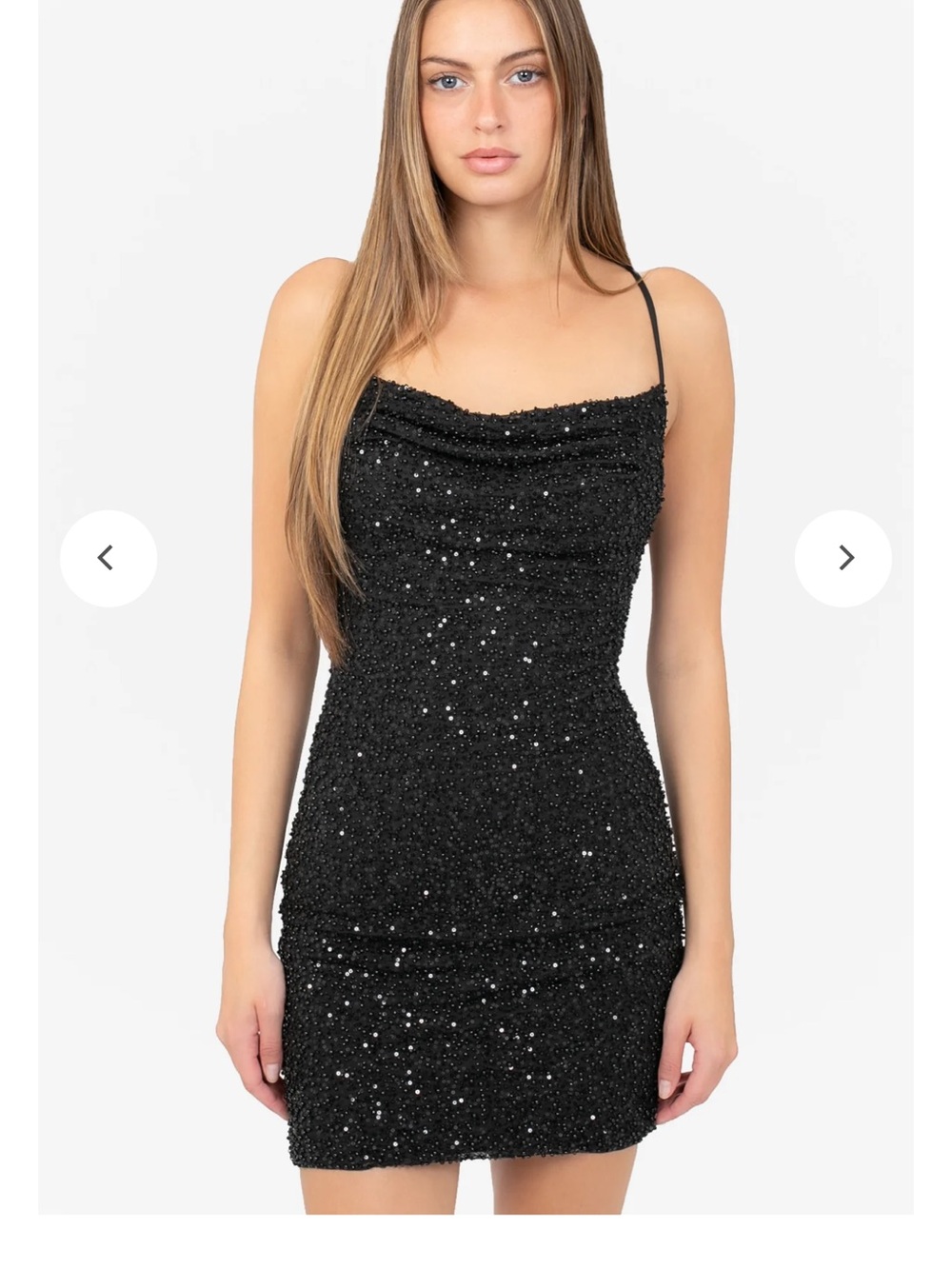 Sequin Cowl Neck Mini Dress in Black